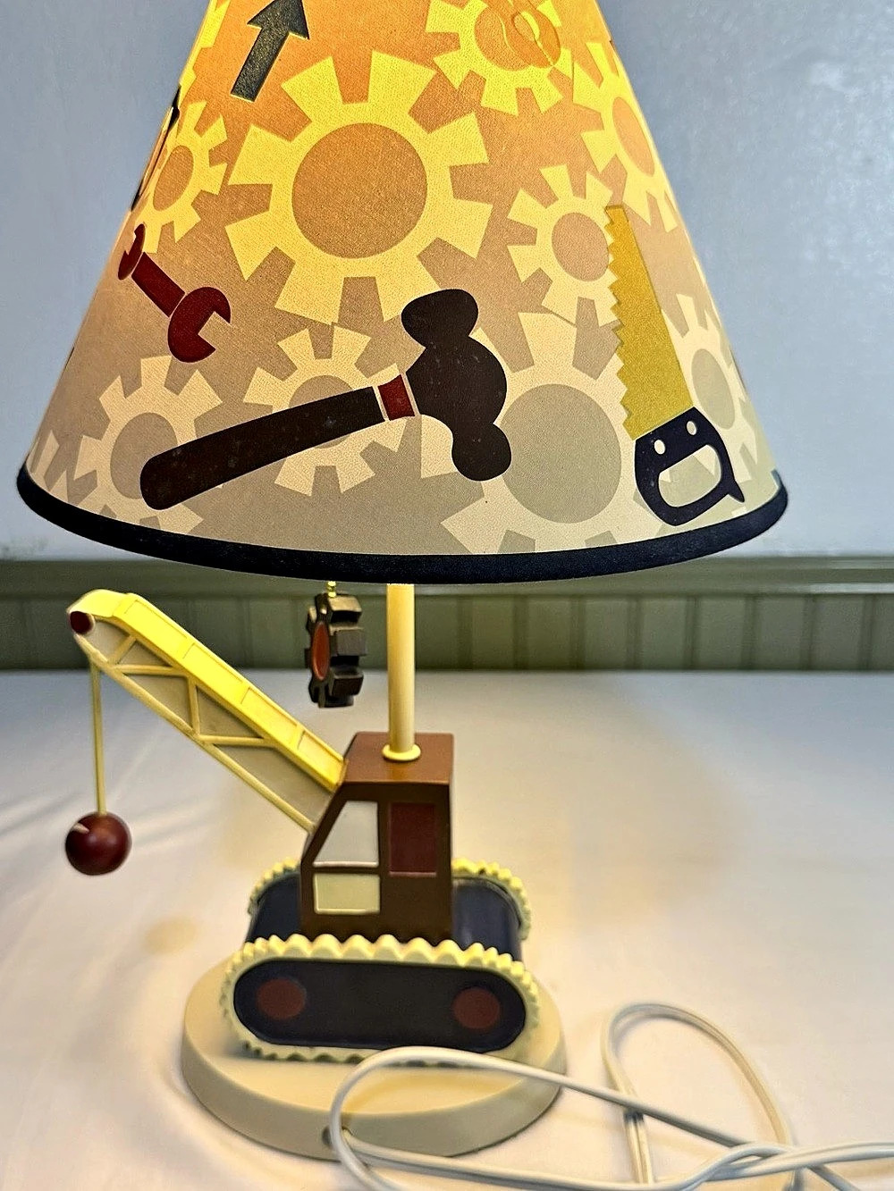 Construction Crane Children’s Desk Lamp with Tools and Gears Shade in Cream & Br